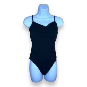 BLACK STRAPPY BODYSUIT WOMENS LARGE STRETCH COWL NECKLINE CLASSIC GOTH IEFIEL